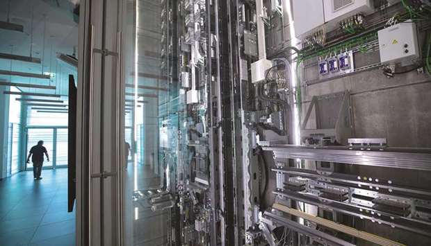 A multi-system motor technology mechanism, which enables vertical and horizontal elevator movement, sits inside the Thyssenkrupp Elevator test tower in Rottweill, Germany. Both Germany and Italy recorded a 1.8% monthly drop in their July industrial production, which was only partly offset by a 0.7% increase in the output of France, the blocu2019s second largest country.