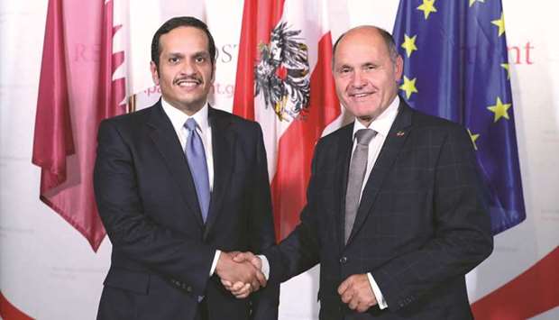 HE the Deputy Prime Minister and Minister of Foreign Affairs Sheikh Mohammed bin Abdulrahman al-Thani shakes hands with President of the Austrian Parliament Wolfgang Sobotka.