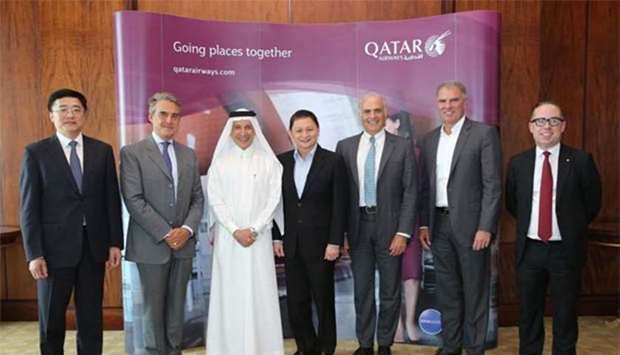 Al-Baker with IATA director-general and CEO Alexandre de Juniac (second left) and other fellow IATA Board of Governors' members at the meeting hosted by Qatar Airways at the Four Seasons in Doha.