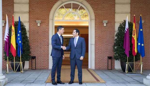HE the Deputy Prime Minister and Minister of Foreign Affairs Sheikh Mohamed bin Abdulrahman al-Thani with Spanish Prime Minister Pedro Sanchez.