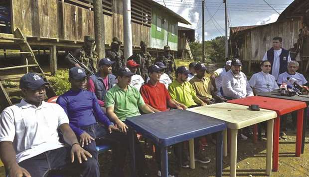 Some of the hostages freed by the ELN are presented to the media in Choco department, Colombia.