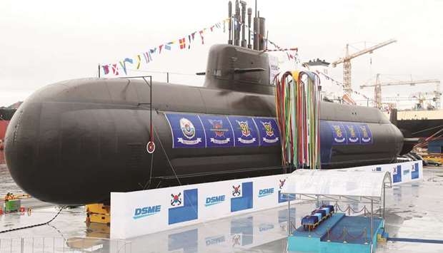 The 3,000-tonne diesel-electric submarine, Dosan Ahn Chang-ho, is seen during a launching ceremony at a shipyard on the southern island of Geoje yesterday.