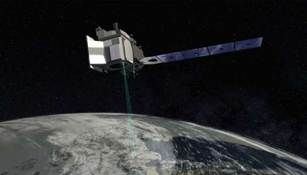 Artist concept from NASA's Goddard Space Flight Center depicts ICESat-2, and how the spacecraft will use lasers and a very precise detection instrument to measure the elevation of Earthu2019s surface.