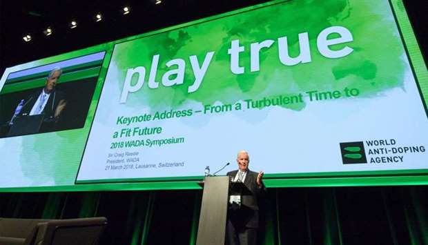 World Anti-Doping Agency (WADA) President, Craig Reedie, addresses the assembly at the opening of the 2018 edition of the WADA Annual Symposium in Lausanne. (file photo)
