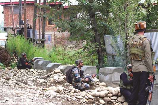 Security forces carry out search and cordon operations after five militants were killed in a gunfight in Kulgam district, yesterday.