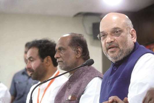 BJP chief Amit Shah addresses a press conference in Hyderabad on September 15. Shahu2019s micromanagement of the party has turned it into a formidable election-winning outfit.