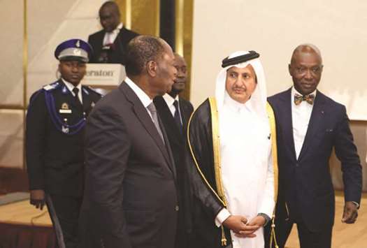Qatar Chamber chairman Sheikh Khalifa bin Jassim al-Thani welcomes Cu00f4te du2019Ivoire President Alassane Ouattara during a bilateral meeting held yesterday in Doha with the chamber and the Qatar Businessmen Association.