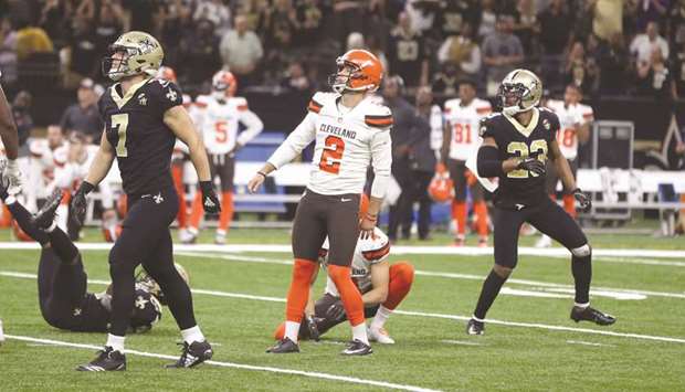 Cleveland Brownsu2019 Zane Gonzalez (No 2) watches his 52-yard field goal attempt with New Orleans Saints specialist Taysom Hill (No 7) and Marshon Lattimore (No 23) late in the fourth quarter of their NFL game at Mercedes-Benz Superdome. PICTURE: USA TODAY Sports