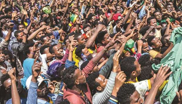 Ethiopians demonstrate yesterday at Meskel Square in Addis Ababa.