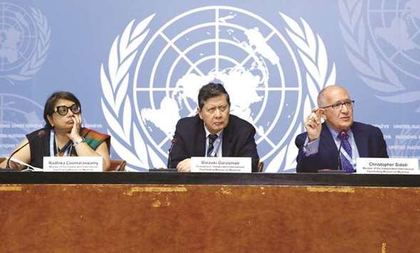 From left: Radhika Coomaraswamy, Marzuki Darusman and Christopher Sidoti, members of the Independent International Fact-finding Mission on Myanmar attend a news conference at the United Nations in Geneva, Switzerland, yesterday.
