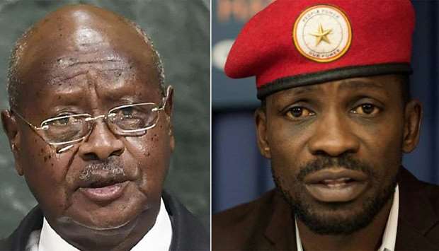 The homecoming of Robert Kyagulanyi (R) could present a significant challenge to President Yoweri Museveni (L)