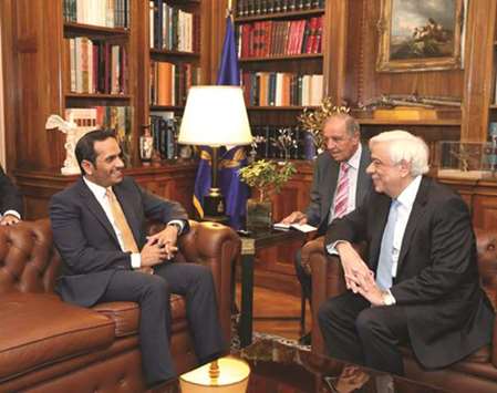 HE the Deputy Prime Minister and Minister of Foreign Affairs Sheikh Mohamed bin Abdulrahman al-Thani holding talks with Greek President Prokopis Pavlopoulos. Below: HE Sheikh Mohamed bin Abdulrahman al-Thani during a meeting with Greek Prime Minister Alexis Tsipras.