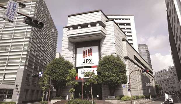 A frontal view of the Tokyo Stock Exchange in Japan. The Nikkei 225 closed up 1.8% to 23,832.28 points yesterday.