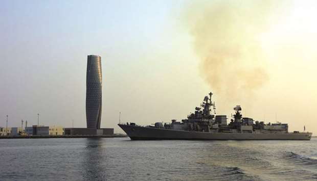 INS Mumbai leaving Hamad Port yesterday after its 3-day visit of Qatar.