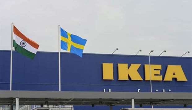 The Indian and Swedish flags are pictured at the new IKEA store in Hyderabad.
