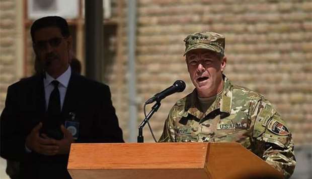 Incoming General Scott Miller, commander of US and Nato forces in Afghanistan, gestures as he speaks during a change of command ceremony at Resolute Support in Kabul on Sunday.