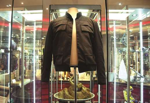 Han Solou2019s jacket, worn by Harrison Ford in the 1980 film Star Wars: The Empire Strikes Back, is displayed at the IMAX ahead of being auctioned in London.