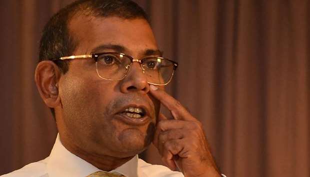 Former president of the Maldives Mohamed Nasheed addresses a press conference in Colombo yesterday.