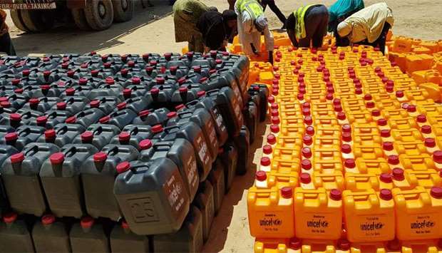 The jerry cans UNICEF is providing to households in cholera affected areas in Borno to help safe handling and storage of water. Picture: Twitter account of Unicef Nigeria