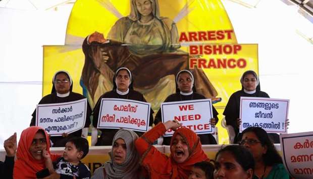Indian Christian nuns and supporters protest as they demand the arrest of Bishop Franco Mulakkal outside the High Court in Kochi in the southern Indian state of Kerala on September 13.