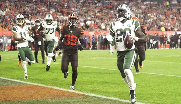 New York Jets running back Isaiah Crowell (right) scores a touchdown during the first-half of their NFL game against the Cleveland Browns at FirstEnergy Stadium. PICTURE: USA TODAY Sports