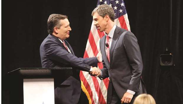Ted Cruz (left) and Beto Ou2019Rourke shake hands prior to their first debate for Texas Senate seat at the Southern Methodist University in Dallas, Texas.