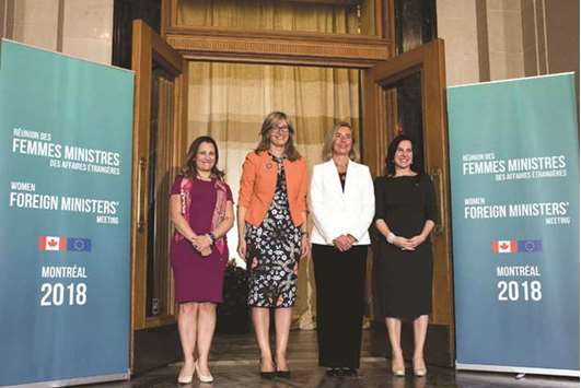 (From left) Canadian Foreign Minister Chrystia Freeland, Bulgarian Foreign Minister Ekaterina Zakharieva, European Union Foreign Policy chief Federica Mogherini and Montreal Mayor Valerie Plante pose for pictures during the Women Foreign Ministersu2019 Meeting in Montreal.
