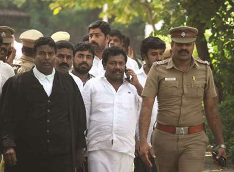 Actor-turned-legislator Karunas is being taken to a police station after he was arrested for allegedly making derogatory remarks against Tamil Nadu Chief Minister K Palaniswami, in Chennai yesterday. Karunas, the leader of the Mukkulathor Puli Padai party, made the alleged remarks on September 16 at a public meeting.