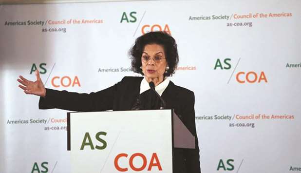 Nicaraguan human rights defender Bianca Jagger, president of the Bianca Jagger Human Rights Foundation, delivers a speech at the Americas Society/Council of the Americas in New York.