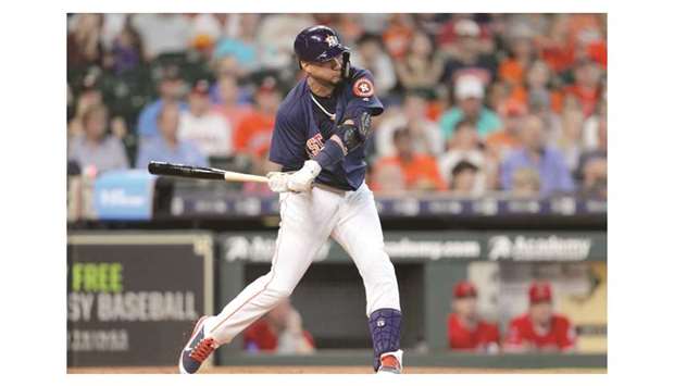 Houston Astros third baseman Yuli Gurriel hits a two-run home run to left field against the Los Angeles Angels during the first inning of their MLB game at Minute Maid Park. PICTURE: USA TODAY Sports
