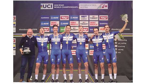 Team Quick Step celebrate after winning menu2019s Team Time Trial at the UCI Road World Championships in Tirol, Austria. (Reuters)