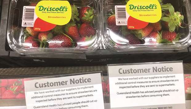 Customer notice signs are displayed underneath packets of Australia strawberries on sale at a supermarket in the central New South Wales town of Mudgee in Australia, yesterday.
