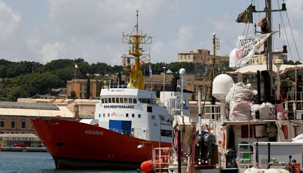The humanitarian ship Aquarius is seen at Boiler Wharf in Senglea, in Valletta's Grand Harbour, Malta on August 15, 2018