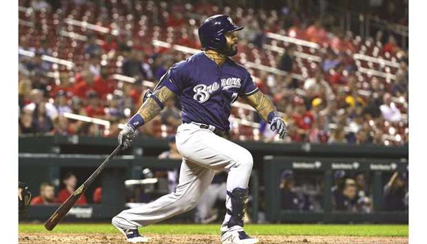 Milwaukee Brewers pinch hitter Eric Thames in action against St. Louis Cardinals during the eighth inning of their MLB match at Busch Stadium. PICTURE: USA TODAY Sports