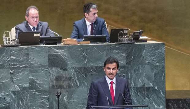 His Highness the Amir Sheikh Tamim bin Hamad al-Thani addressing the UN General Assembly in New York on Tuesday