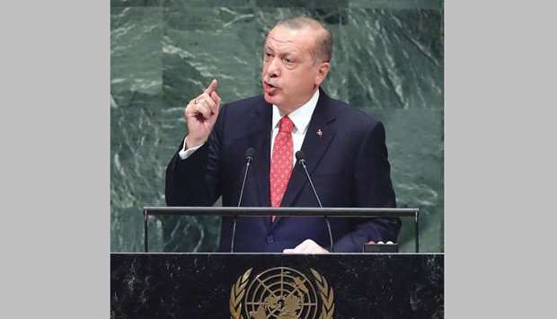Turkeyu2019s President Recep Tayyip Erdogan speaks at the United Nations General Assembly yesterday.