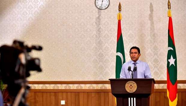 Maldivian President Abdulla Yameen speaks as he gives a statement after his defeat at President office in Male, Maldives on September 24.