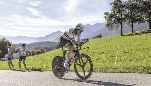Rohan Dennis of Australia competes to win the menu2019s Individual Time Trial (ITT) road race between Rattenberg and Innsbruck in Austria during the UCI Cycling Road World Championships yesterday. (AFP)