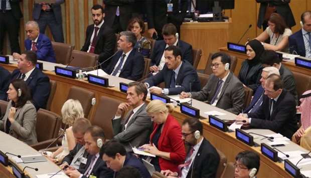 HE the Deputy Prime Minister and Minister of Foreign Affairs Sheikh Mohamed bin Abdulrahman al-Thani speaks at the EU's high-level meeting on Syria on the sidelines of the 73rd session of the United Nations General Assembly.