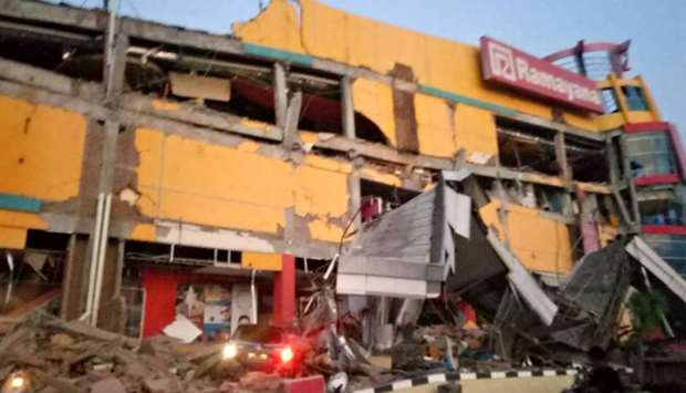 A collapsed shopping mall in Palu, Central Sulawesi, after a strong earthquake hit the area.
