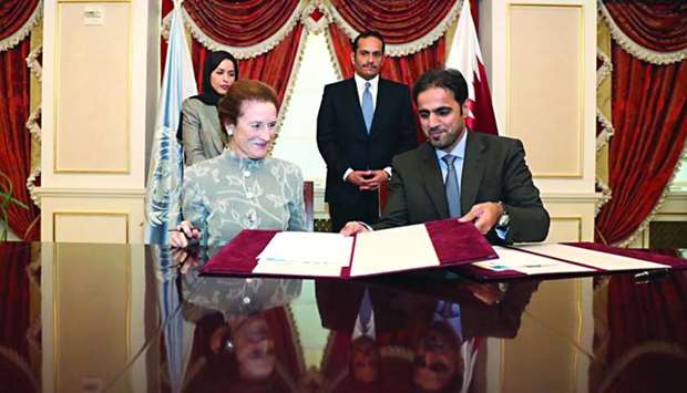 HE the Deputy Prime Minister and Minister of Foreign Affairs, Sheikh Mohamed bin Abdulrahman al-Thani, at the signing of the MoU by Unicef Executive Director Henrietta Fore and a QFFD official in New York.