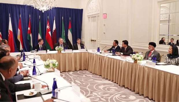 HE the Deputy Prime Minister and Minister of Foreign Affairs Sheikh Mohamed bin Abdulrahman al-Thani participates in a meeting held by the foreign ministers of the Gulf Co-operation Council (GCC) and the foreign ministers of Egypt and Jordan with US Secretary of State Mike Pompeo.