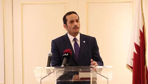 HE the Deputy Prime Minister and Minister of Foreign Affairs Sheikh Mohamed bin Abdulrahman al-Thani speaking at a press conference in New York on Friday.