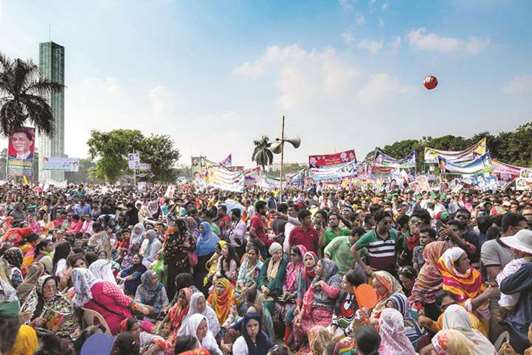 Bangladesh Nationalist Party (BNP) leaders and supporters attend a rally in Dhaka yesterday.