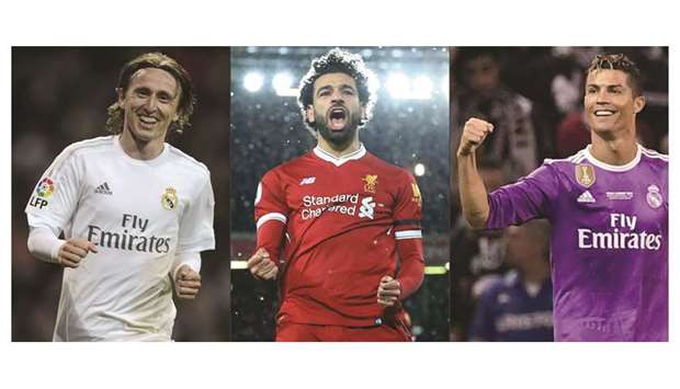 Real Madridu2019s Croatian midfielder Luka Modric (left), Liverpoolu2019s Egyptian midfielder Mohamed Salah (centre) and Portuguese striker Cristiano Ronaldo, who now plays for Juventus. (AFP)