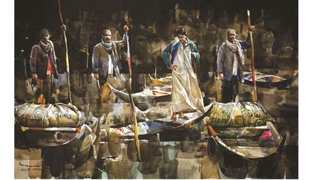 Although Mathkouru2019s work appears to be inspired by daily life, the scenes are created as optimistic social and urban landscapes in opposition to the reality of conflicts that made him choose exile from his hometown, Baghdad.