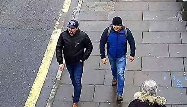 A handout picture taken in Salisbury on March 4, 2018 shows Alexander Petrov (right) and Ruslan Boshirov, who are wanted by British police in connection with the nerve agent attack on former Russian spy Sergei Skripal and his daughter Yulia.