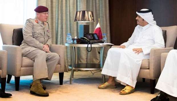 HE the Deputy Prime Minister and Minister of Foreign Affairs Sheikh Mohamed bin Abdulrahman al-Thani with UK senior defence adviser on the Middle East John Lorimer.