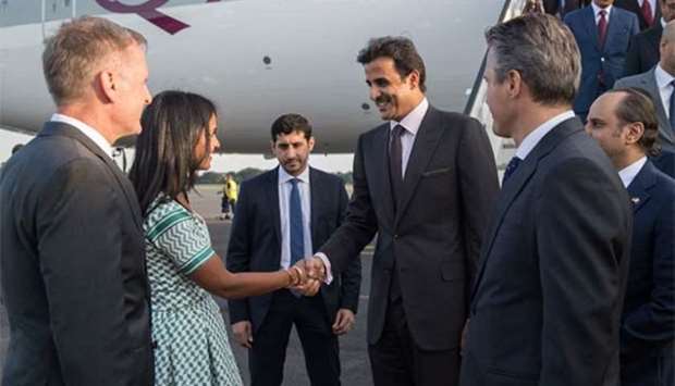 His Highness the Amir Sheikh Tamim bin Hamad al-Thani is being greeted on his arrival at Berlin Tegel Airport on Wednesday.