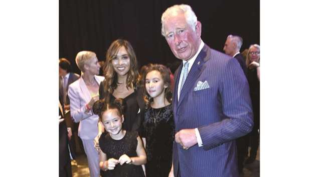 Prince Charles, Prince of Wales, meets actor Myleene Klaas as he attends an event to promote arts in schools at the Royal Albert Hall in London yesterday.